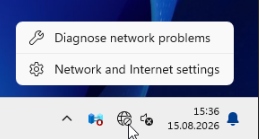 Opcja Network and Internet settings na pasku zadań